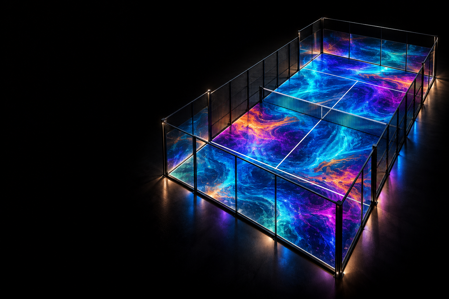 An illuminated padel court with flowing colour